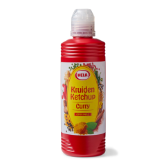 Fles Hela kruidenketchup curry, ideaal voor het op smaak brengen van gerechten met een pittige, kruidige twist.