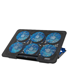 Laptop-koelpad met vijf blauwe ventilatoren voor optimale warmteafvoer en laptopprestaties.