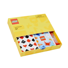 LEGO kaartspelset in gele doos met speelkaarten en zandloper, geschikt voor kinderen vanaf 6 jaar.