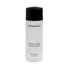 Doornagels remover vloeistof fles met amandelolie, zwarte dop en witte fles,ideaal voor nagelverzorging.