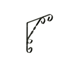 Zwarte metalen draagbeugel met sierlijke krullen, geschikt voor wandmontage en decoratief gebruik in huis of tuin.