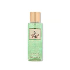 Parfumflesje Vibrant Breeze, groene fles met gouden dop, bloemvormige details, 250 ml geurmist.