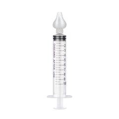 Transparante medische spuit van 10 ml met maatverdeling en siliconenpunt, voor nauwkeurige dosering.