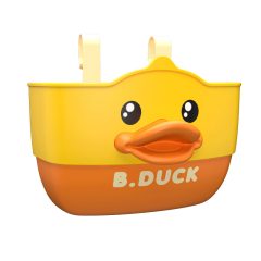 Geel-oranje B. Duck kinderfietsmand met lachend eendje voorop. Handig voor speelgoed en snacks onderweg.