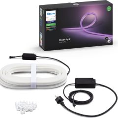 Philips Hue Lightstrip, slimme buitenverlichting in doos, inclusief kabels en bevestigingsclips, RGB-kleuren.