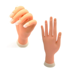 Natuurlijke oefenhandschoen voor nagelstyling met realistische vingers en nagels, ideaal voor schoonheidsspecialisten.