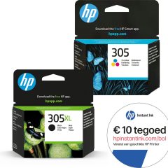 Alt-tekst: HP 305 en 305XL inktcartridges met informatie over downloadbare HP Smart app en €10 tegoed.
