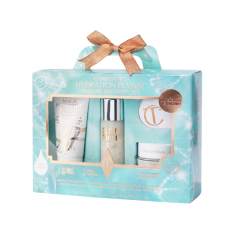 Hydration skincare ontdekkingsset met crème, toner en vochtinbrengende producten in een blauwe giftbox met strik.