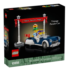 LEGO Vintage Parade Car set met twee minifiguren en feestelijke versiering, ideaal voor bouwliefhebbers vanaf 18 jaar.