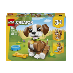 Alt-tekst: LEGO Creator set 31382 voor een speelse puppy, 336 stukjes, geschikt voor kinderen vanaf 8 jaar. 3-in-1 bouwmogelijkheden.