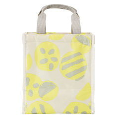 Herbruikbare draagtas met geel en grijs patroon, duurzaam design voor boodschappen of lunch.