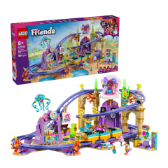 LEGO Friends attractiepark set met glijbaan, minifiguren en kleurrijke details, geschikt voor kinderen vanaf 8 jaar.