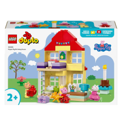 LEGO Duplo Peppa Pig verjaardags huis met figuren, bloemen en cadeaus, stimuleert creativiteit en spel voor kinderen vanaf 2 jaar.