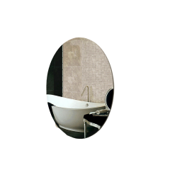 Ovale spiegel reflecteert moderne badkamer met vrijstaand bad en mozaïektegels. Minimalistisch en stijlvol design.