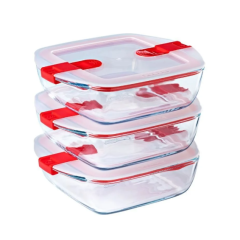 Set van drie glazen bewaardozen met rode deksels voor ideaal voedselopslag en versheid. Perfect voor elke keuken.