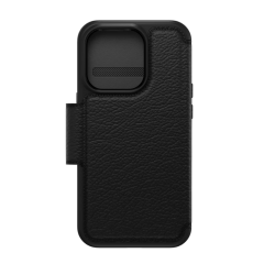 Alt-tekst: Stijlvolle zwarte leren iPhone-hoes met praktische kaarthouder aan de zijkant voor extra functionaliteit.
