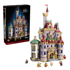 LEGO Disney Belle's kasteel met minifiguren en doos, perfect voor fans van de klassieker 'Schoonheid en het Beest'.