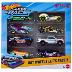 Alt-tekst: Zicht op de Hot Wheels Let's Race 8 set met negen kleurrijke raceauto's in de verpakking.