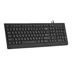 Zwarte bedrade toetsenbord met cyrillische en qwerty lay-out voor pc-gebruik, eenvoudig en functioneel ontwerp.